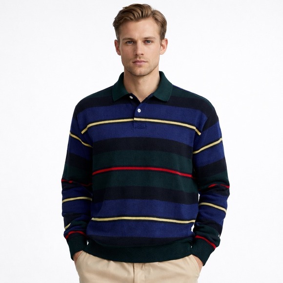 Polo Ralph Lauren Vintage 90s Striped Lambswool Polo Sweater Blue Green